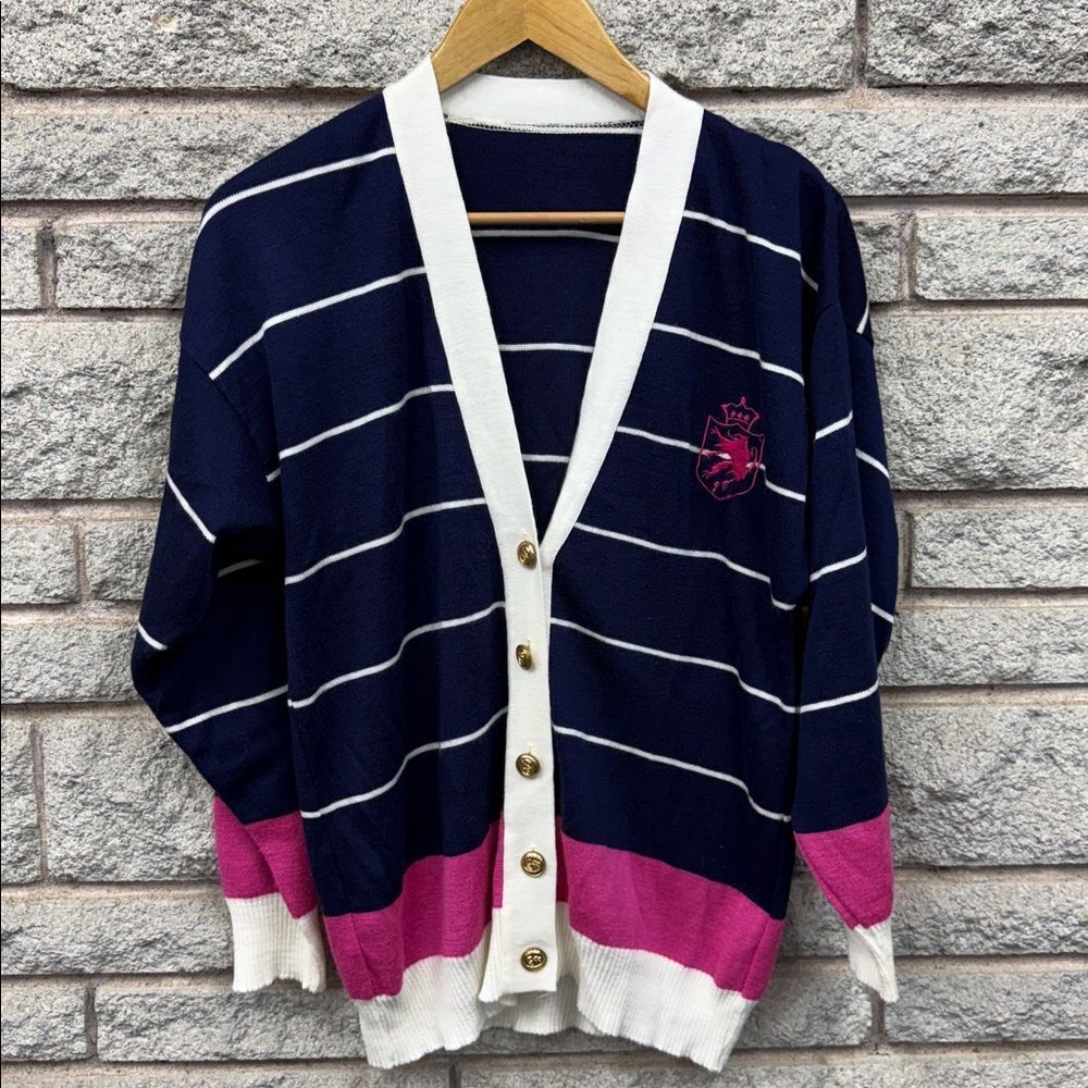Vintage Striped Navy and Pink Cardigan Sweater